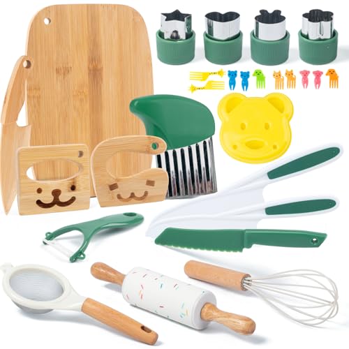 Busy edition 18 PCS Kids Cooking Sets Real Montessori Kitchen Tools for Toddlers Cooking Baking Set for Kids Little Chefs Toddler Knife Set Crinkle Cutter Cutting Board - Image 1