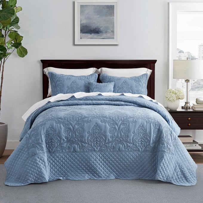 BEDSPREAD COVERLET SET QUEEN SIZE LIGHTWEIGHT BEDDING COVER BEAUTIFUL STITCHING 4 PIECE REVERSIBLE BEDSPREAD LUXURY DAMASK PAISLEY PATTERN QUEEN ASHLEY BLUE