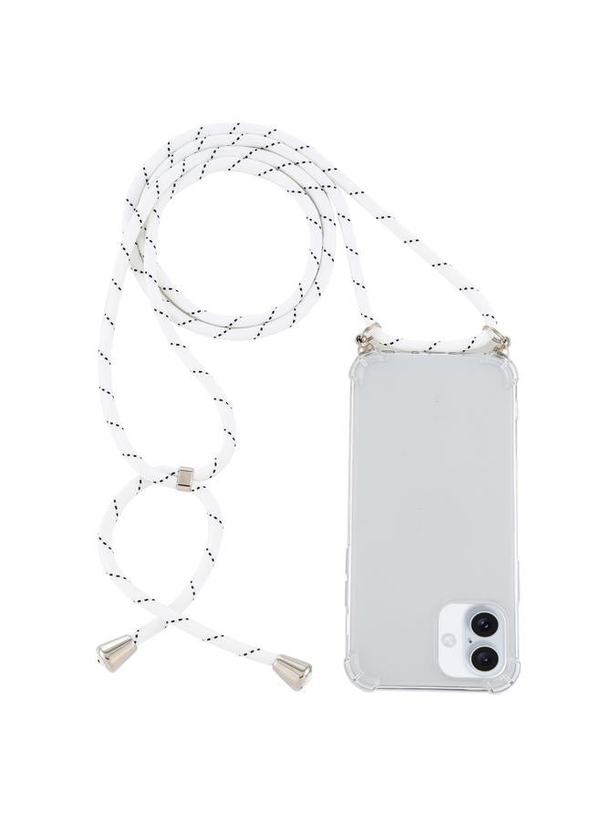 جراب شفاف مقاوم للصدمات بأربع زوايا لهاتف iPhone 16 مع حبل (أبيض وأسود)