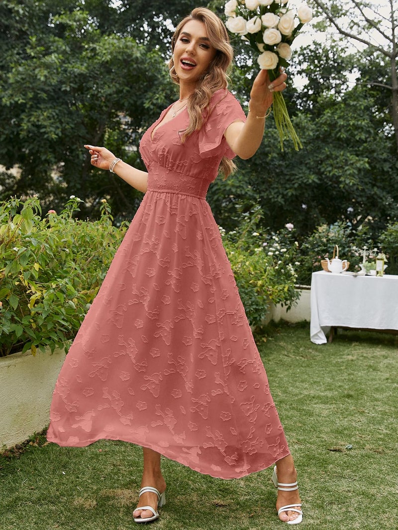 Simplee Apparel Simplee Women's Boho Floral V Neck Short Sleeve Formal Maxi Dress Summer Long Flowy Lace Bridesmaid Wedding Party Evening Dress (L Rust Red) - Image 5