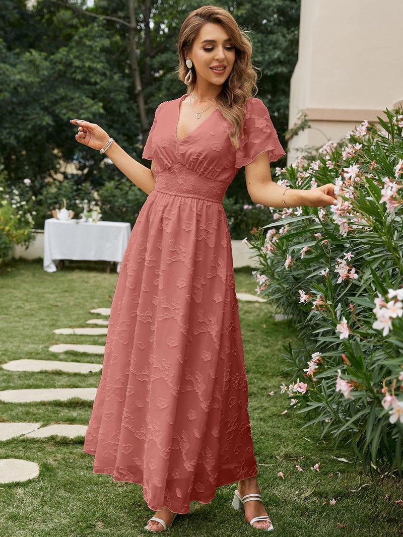 Simplee Apparel Simplee Women's Boho Floral V Neck Short Sleeve Formal Maxi Dress Summer Long Flowy Lace Bridesmaid Wedding Party Evening Dress (L Rust Red) - Image 3
