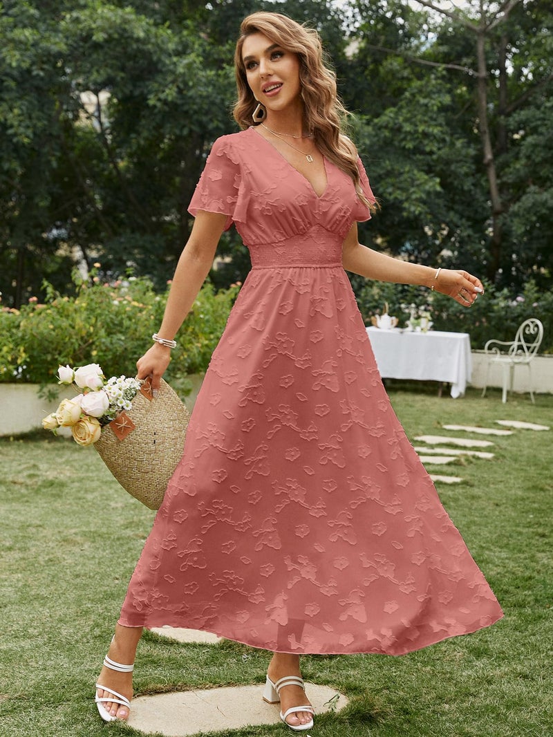 Simplee Apparel Simplee Women's Boho Floral V Neck Short Sleeve Formal Maxi Dress Summer Long Flowy Lace Bridesmaid Wedding Party Evening Dress (L Rust Red) - Image 2