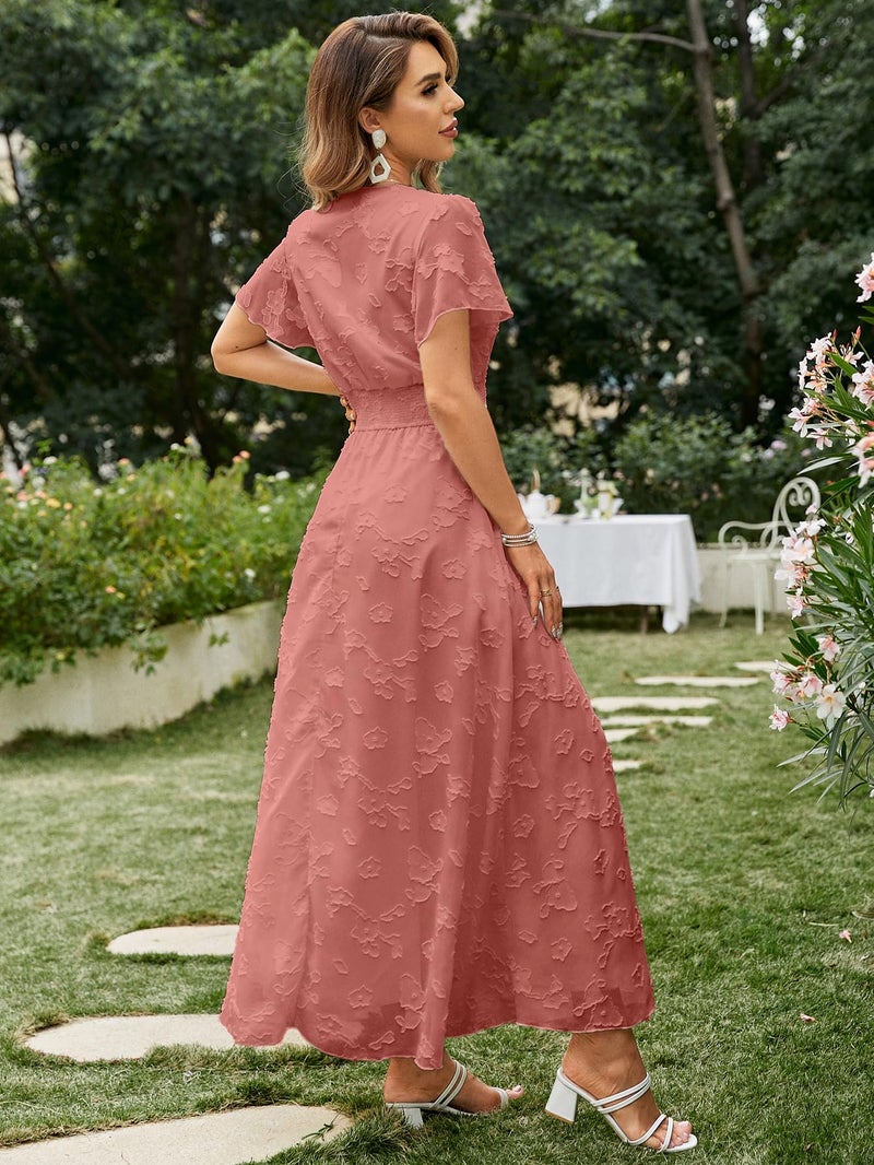 Simplee Apparel Simplee Women's Boho Floral V Neck Short Sleeve Formal Maxi Dress Summer Long Flowy Lace Bridesmaid Wedding Party Evening Dress (L Rust Red) - Image 4
