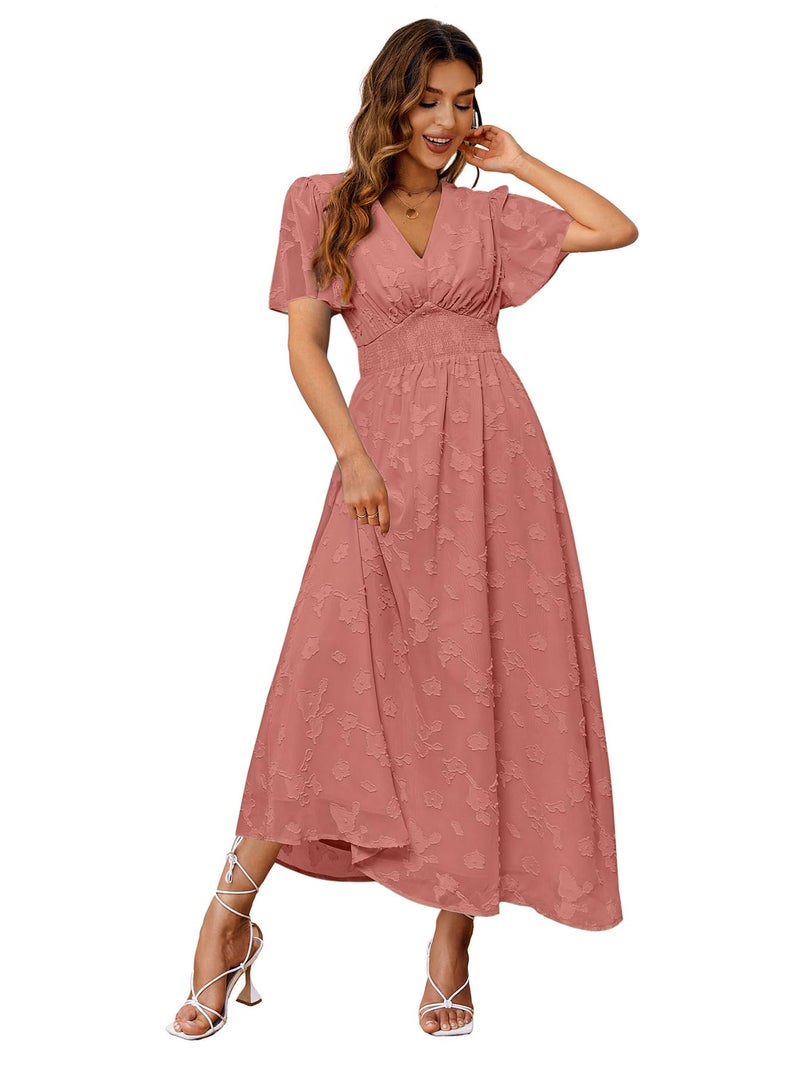 Simplee Apparel Simplee Women's Boho Floral V Neck Short Sleeve Formal Maxi Dress Summer Long Flowy Lace Bridesmaid Wedding Party Evening Dress (L Rust Red) - Image 1