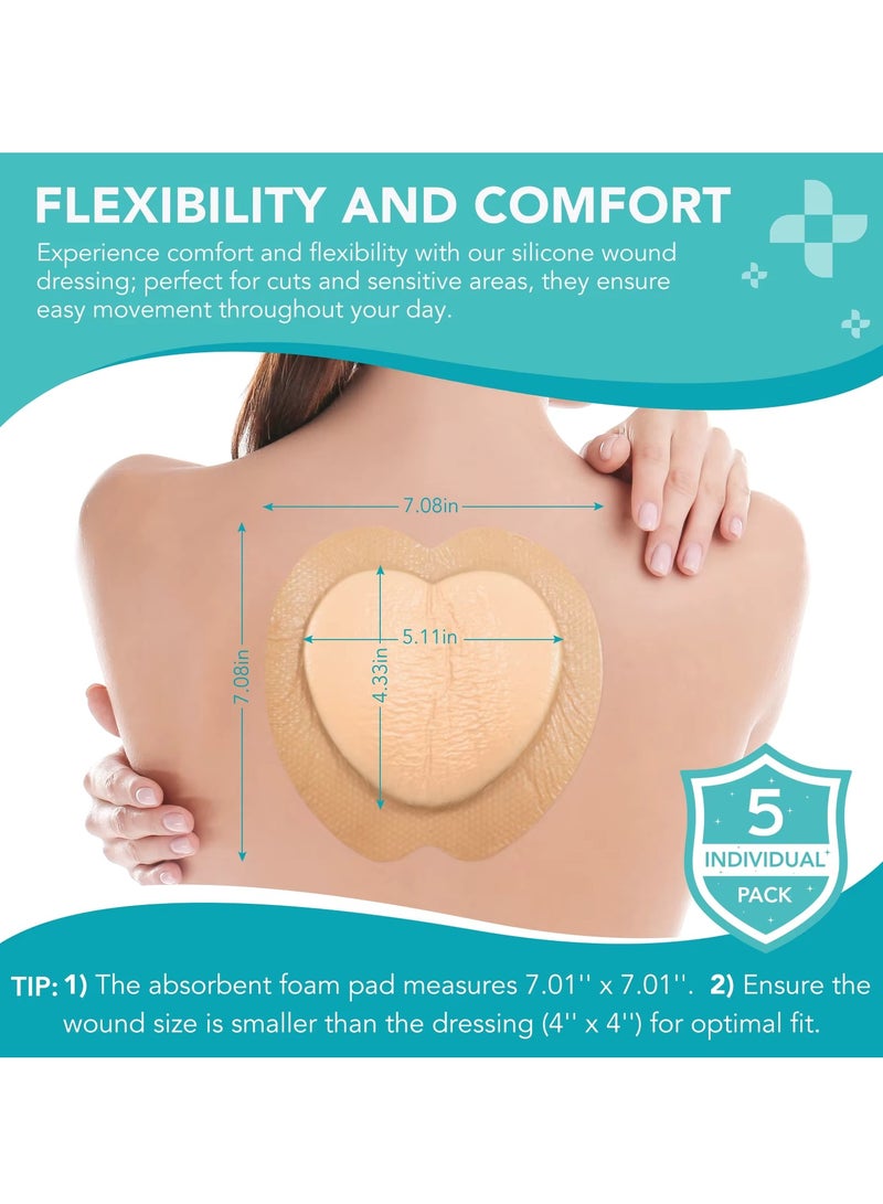 Sefudun 5Pcs Silicone AG Foam Dressing  Big Size 18cmx18cm with Border Silicone Adhesive Foam Wound 5 Layer Bed Sore Bandage Foam Wound Dressing Silicone Bordered Sacral Pad with Adhesive Border Silicone Foam Dressing Bandage  - Image 5