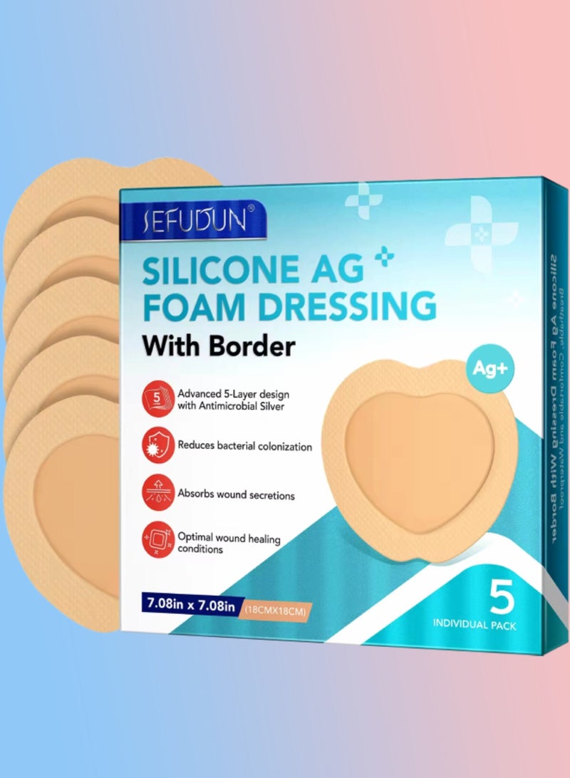 Sefudun 5Pcs Silicone AG Foam Dressing  Big Size 18cmx18cm with Border Silicone Adhesive Foam Wound 5 Layer Bed Sore Bandage Foam Wound Dressing Silicone Bordered Sacral Pad with Adhesive Border Silicone Foam Dressing Bandage  - Image 1