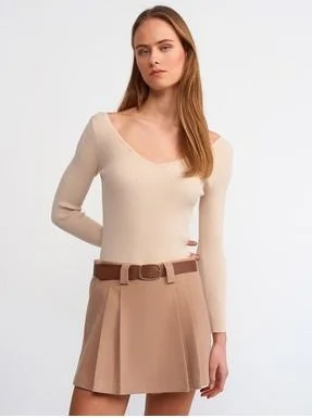 Dilvin 80830 Belted Double Mini Short Skirt-Camel