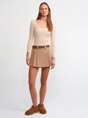 Dilvin 80830 Belted Double Mini Short Skirt-Camel