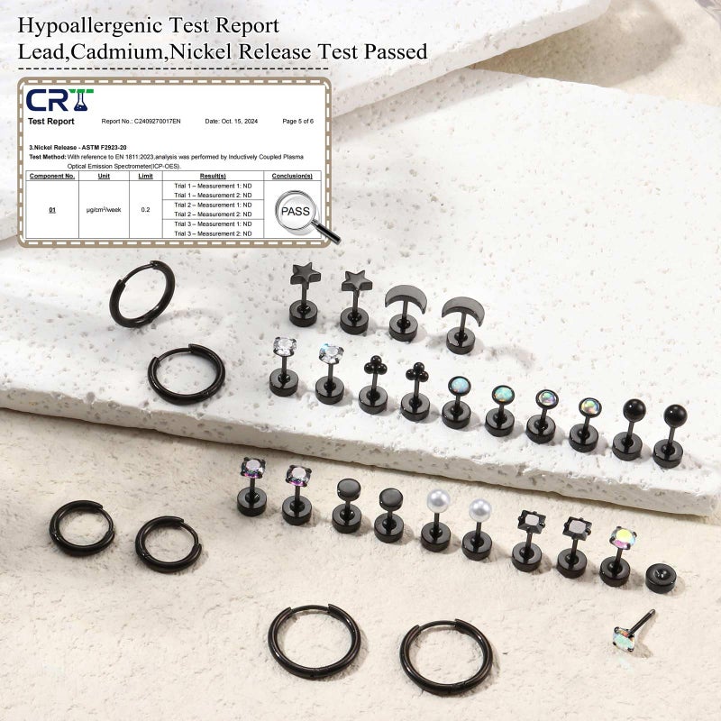 Jstyle Hypoallergenic Flat Back Stud Earrings for Women Men Surgical Stainless Steel Earrings for Sensitive Ears Small Flatback Stud Hoop Earrings Cartilage Earring Set Multiple Piercing Black Tone - Image 3