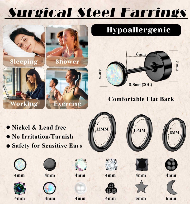Jstyle Hypoallergenic Flat Back Stud Earrings for Women Men Surgical Stainless Steel Earrings for Sensitive Ears Small Flatback Stud Hoop Earrings Cartilage Earring Set Multiple Piercing Black Tone - Image 5