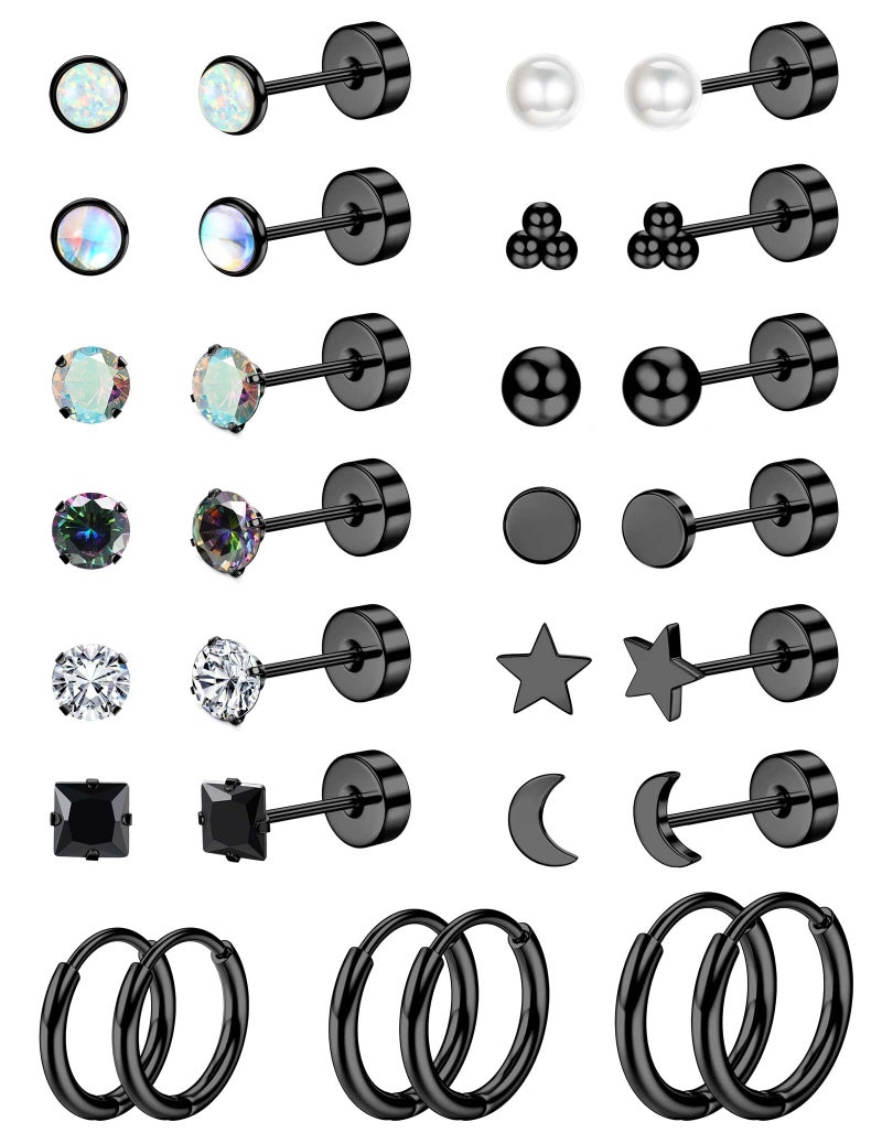 Jstyle Hypoallergenic Flat Back Stud Earrings for Women Men Surgical Stainless Steel Earrings for Sensitive Ears Small Flatback Stud Hoop Earrings Cartilage Earring Set Multiple Piercing Black Tone - Image 1