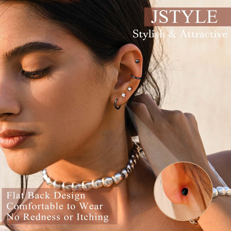 Jstyle Hypoallergenic Flat Back Stud Earrings for Women Men Surgical Stainless Steel Earrings for Sensitive Ears Small Flatback Stud Hoop Earrings Cartilage Earring Set Multiple Piercing Black Tone - Image 2