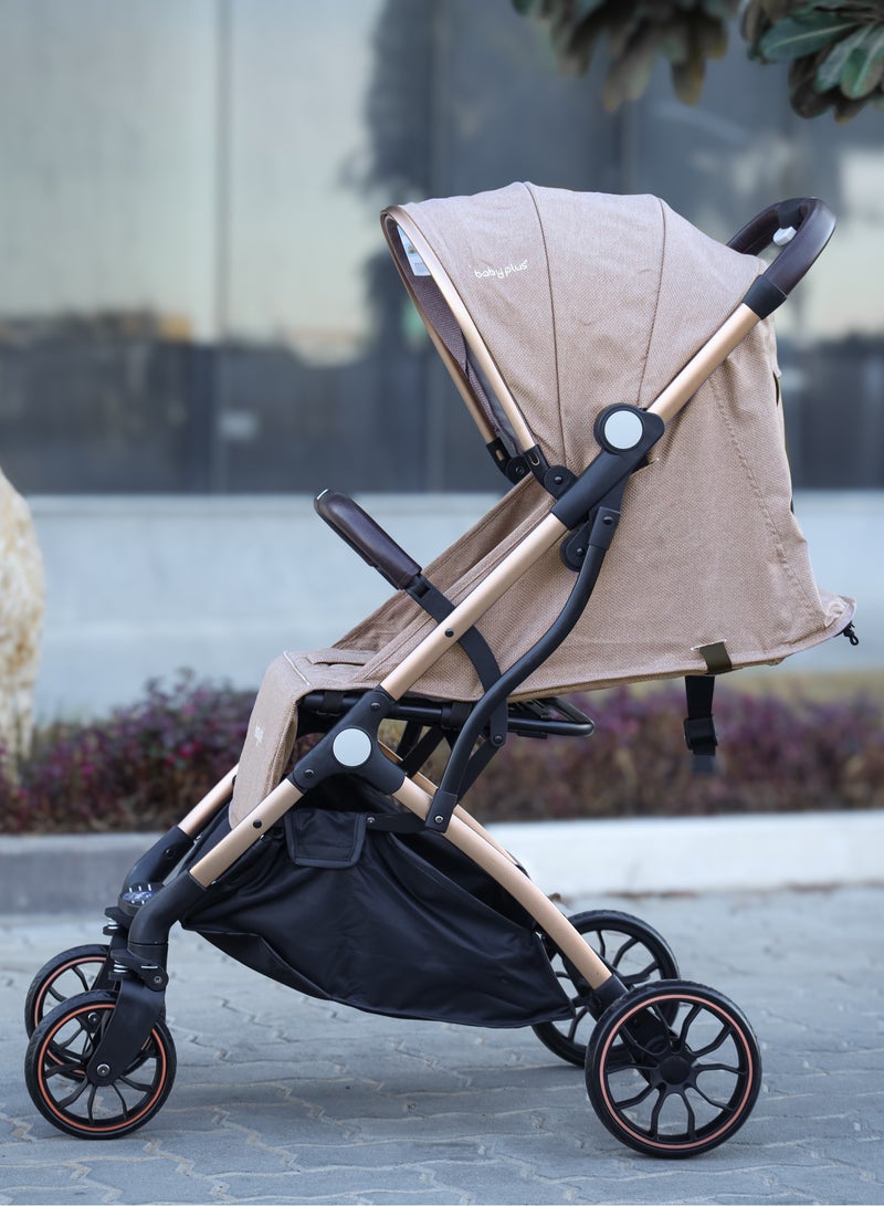 BABY PLUS BABY PLUS Foldable Baby Stroller for Newborns & Toddlers (0-3 Years) – Durable Travel Stroller with Adjustable Canopy, Safety Belt & Large Storage Basket – Brown - Image 2