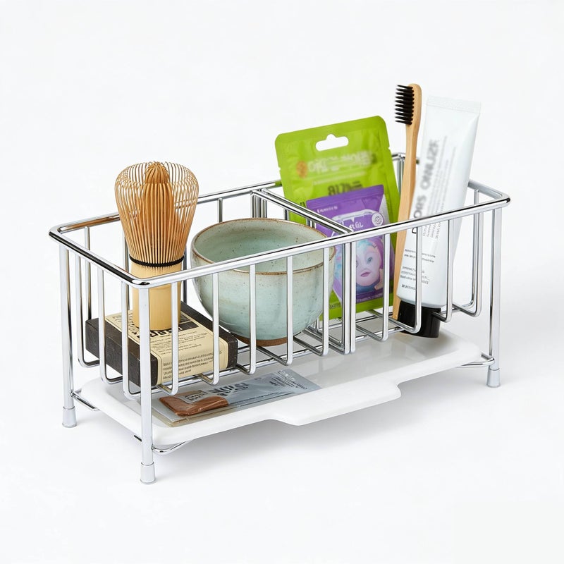 MAX COOK MAXCOOK Kitchen Sink Sponge Holder, 304 Stainless Steel Soap Dispenser Caddy Organize, Kitchen Sink Brush Caddy Holder with Removable Drain Tray - Image 1