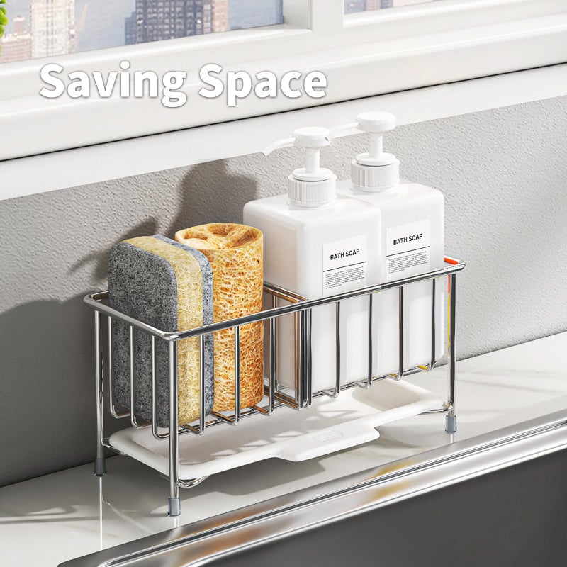 MAX COOK MAXCOOK Kitchen Sink Sponge Holder, 304 Stainless Steel Soap Dispenser Caddy Organize, Kitchen Sink Brush Caddy Holder with Removable Drain Tray - Image 5