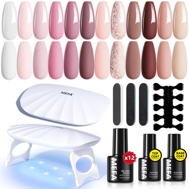 MEFA 19 Pcs Gel Nail Polish Kit with U V Light, 12 Colors All Seasons Nude Pink Milky White Soak Off Gel Polish Nail Set with Base Top Coat Essential Manicure Tools Beginners Salon Nails DIY Art - Image 1