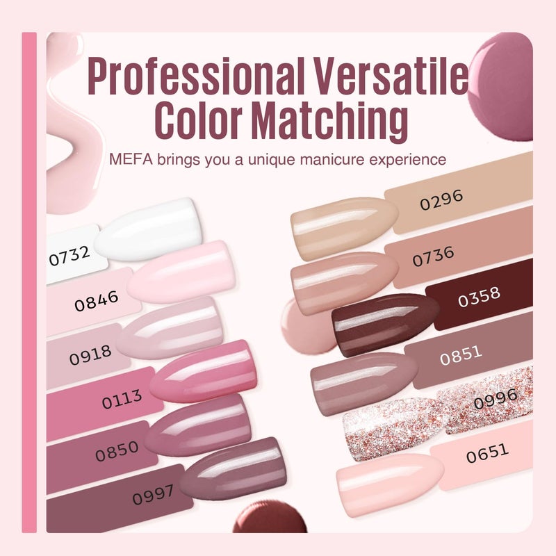 MEFA 19 Pcs Gel Nail Polish Kit with U V Light, 12 Colors All Seasons Nude Pink Milky White Soak Off Gel Polish Nail Set with Base Top Coat Essential Manicure Tools Beginners Salon Nails DIY Art - Image 2