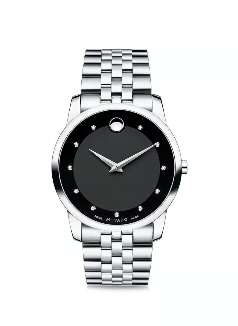 MOVADO BOLD - Movado Museum Diamonds Black Dial Silver Steel Strap Watch For Men - 606878 - Image 1