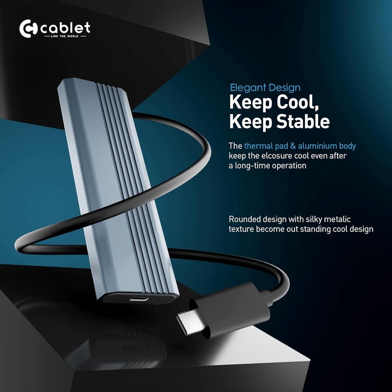 Cablet NVMe M2 SSD Enclosure, USB 3.2 Gen2 10Gbps, Tool-Free NVMe Case Realtek RTL9210 Chipset, USB-C PCIe NVMe Reader, Max 8TB Aluminium Case, Supports M & B&M Key SSDs 2230/2242/2260/2280 (MS902-C3) - Image 3