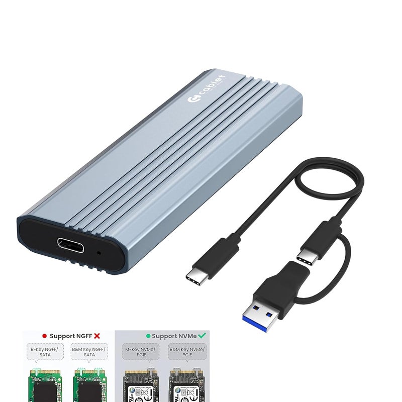 Cablet NVMe M2 SSD Enclosure, USB 3.2 Gen2 10Gbps, Tool-Free NVMe Case Realtek RTL9210 Chipset, USB-C PCIe NVMe Reader, Max 8TB Aluminium Case, Supports M & B&M Key SSDs 2230/2242/2260/2280 (MS902-C3) - Image 1