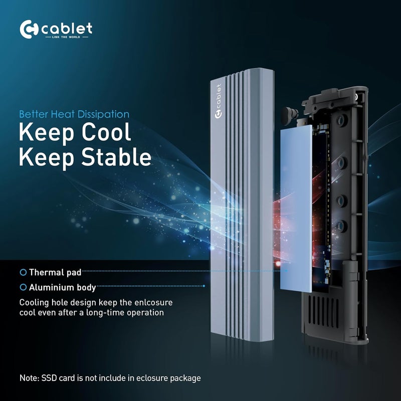 Cablet NVMe M2 SSD Enclosure, USB 3.2 Gen2 10Gbps, Tool-Free NVMe Case Realtek RTL9210 Chipset, USB-C PCIe NVMe Reader, Max 8TB Aluminium Case, Supports M & B&M Key SSDs 2230/2242/2260/2280 (MS902-C3) - Image 5