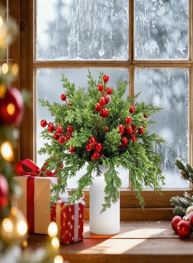 CloudValley 50pcs Artificial Christmas Flowers with a Vase, Red Berry Stems & Faux Norfolk Pine Garland Branches, Evergreen Picks Suitable for DIY Christmas Trees, Winter Home Holiday Decor - Image 2