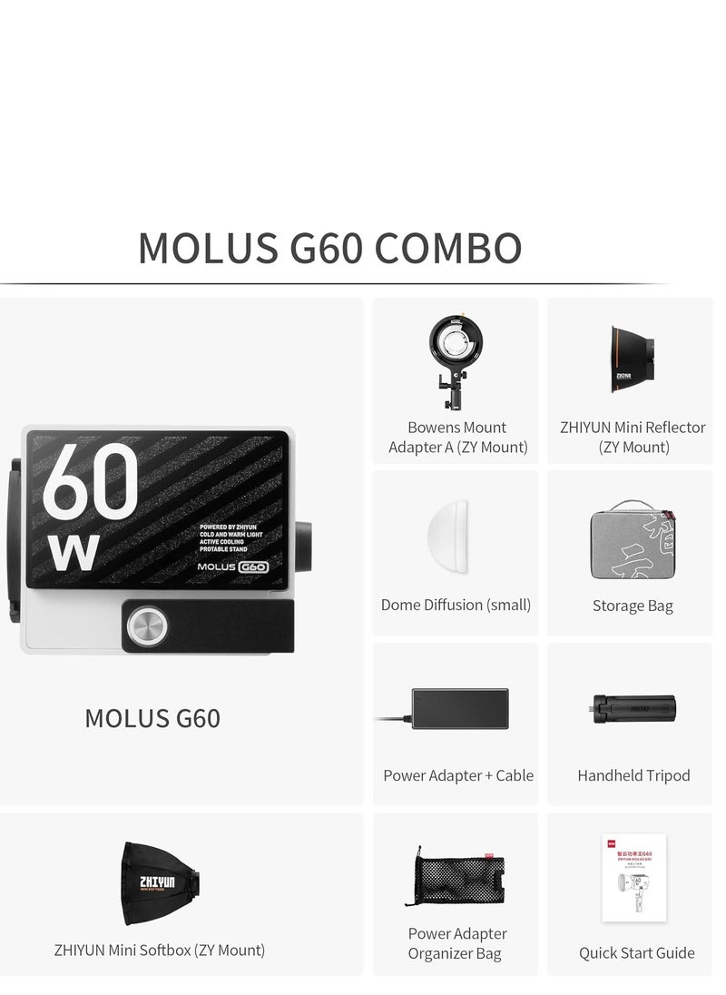 Zhiyun - Zhiyun MOLUS G60 Combo - 60W COB Video Light Bicolor 2700K-6500K Bluetooth App Remote Control Continuous Light Photography with Power Supply DC/PD Tripod for Youtube Vlogging Wedding - Image 1