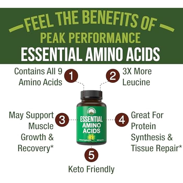 Peak Performance All 9 Essential Amino Acids Supplement. Capsules With 3x More Leucine For Muscle Recovery, Growth. EAA Supplement Better Than BCAA / BCAAS Branched Chain Aminos Acid. USA Tested EAAs Men + Women - Image 2