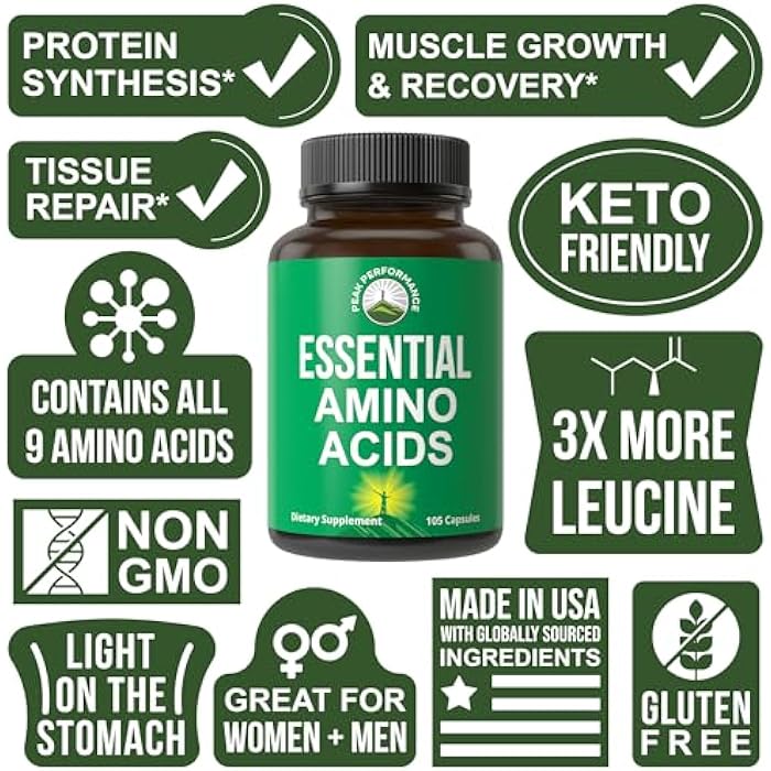 Peak Performance All 9 Essential Amino Acids Supplement. Capsules With 3x More Leucine For Muscle Recovery, Growth. EAA Supplement Better Than BCAA / BCAAS Branched Chain Aminos Acid. USA Tested EAAs Men + Women - Image 4