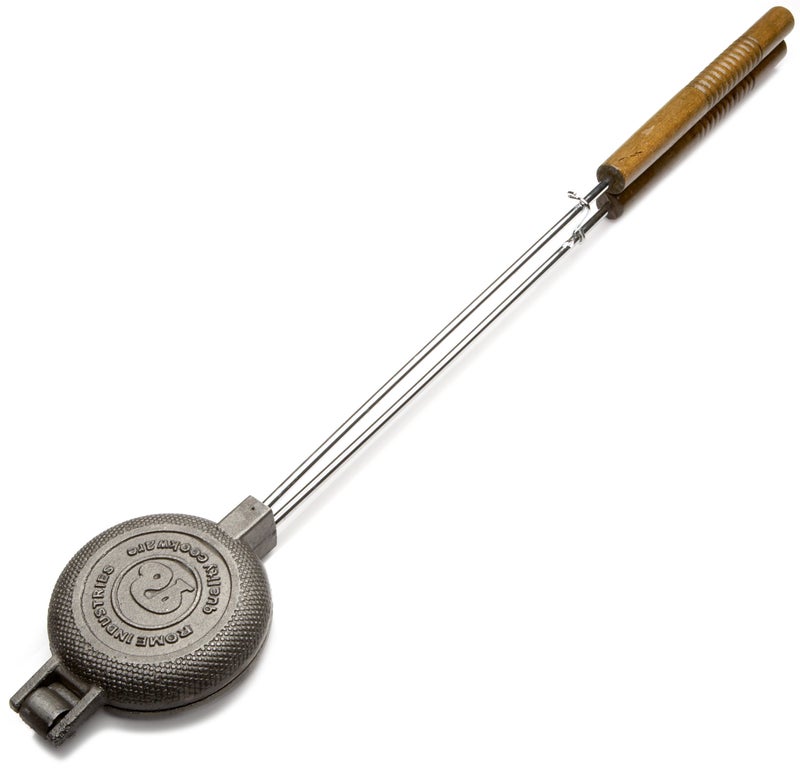Rome Rome Industries 1805 Round Pie Iron with Steel and Wood Handles 28 overall length 4 14 diameter casting 4 cooking surface 