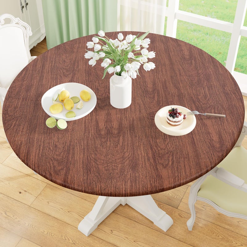 misaya Round Fitted Tablecloth with Elastic Edge, 100% Waterproof Oil Proof Plastic Table Cover, Vinyl Flannel Backed Tablecloth Fits 36"-44" Round Tables for Dinner, Outdoor, Picnic, Oak Wooden Grain - Image 1