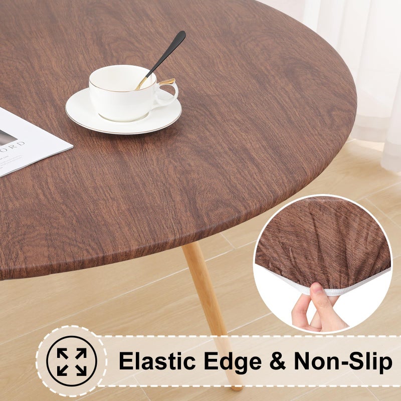 misaya Round Fitted Tablecloth with Elastic Edge, 100% Waterproof Oil Proof Plastic Table Cover, Vinyl Flannel Backed Tablecloth Fits 36"-44" Round Tables for Dinner, Outdoor, Picnic, Oak Wooden Grain - Image 2