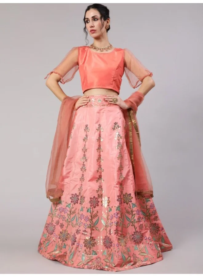 أيه كيه إس Peach Gold Zari Work Lehenga Choli With Dupatta