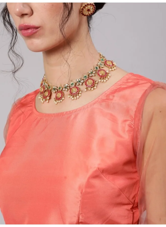 أيه كيه إس Peach Gold Zari Work Lehenga Choli With Dupatta