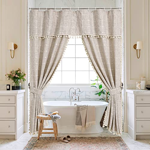 MitoVilla Tan Boho Double Swag Shower Curtain, Polyester Linen Fabric Shower Curtains for Farmhouse Bathroom Decor, Brown Cloth Shower Curtain Set with Hooks, 72 x 72 - Image 1