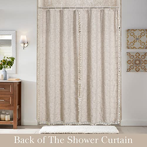 MitoVilla Tan Boho Double Swag Shower Curtain, Polyester Linen Fabric Shower Curtains for Farmhouse Bathroom Decor, Brown Cloth Shower Curtain Set with Hooks, 72 x 72 - Image 2