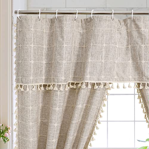 MitoVilla Tan Boho Double Swag Shower Curtain, Polyester Linen Fabric Shower Curtains for Farmhouse Bathroom Decor, Brown Cloth Shower Curtain Set with Hooks, 72 x 72 - Image 3