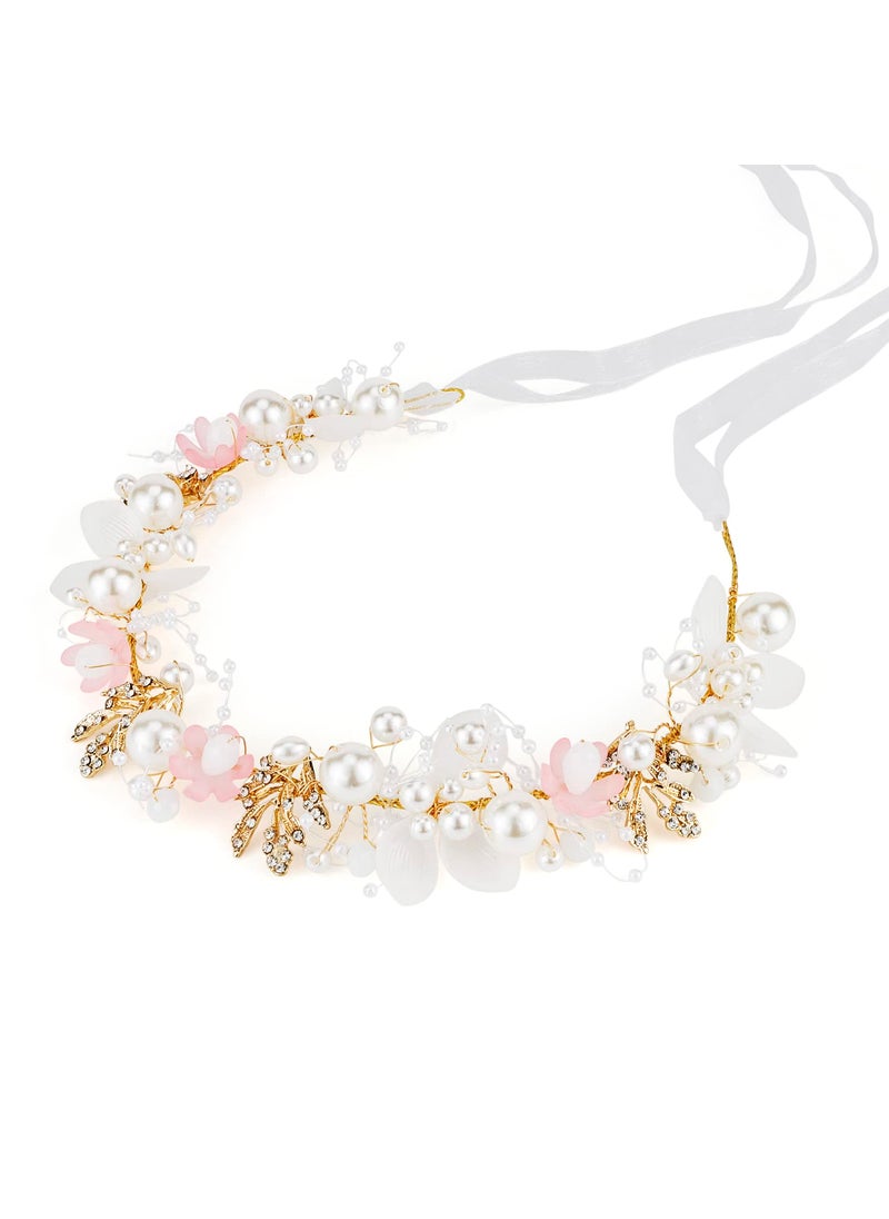 Didder - Didder Flower Headband Pearl Tiara and Crown for Women and Girls Pink Maternity Photoshoot Rhinestone Headband Bridesmaid Wedding Hair Vine Accessories for Brides Flower Girl Crown Headpiece - Image 1