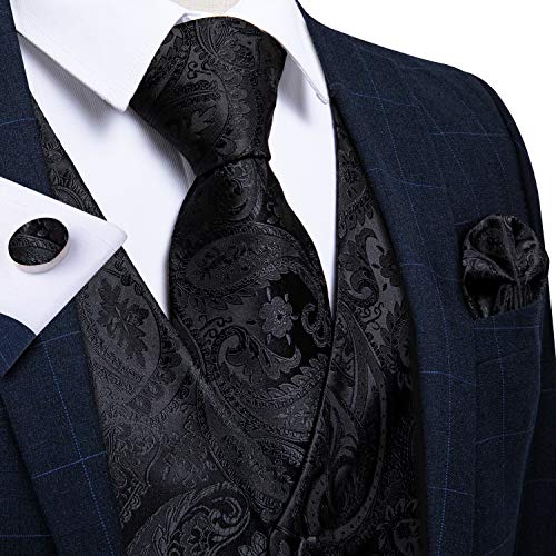 DiBanGu Mens Vest and Tie Set Formal Paisley Waistcoat and Necktie Pocket Square Cufflinks Silk Suit Vest for Tuxedo Wedding, Black, Large - Image 2