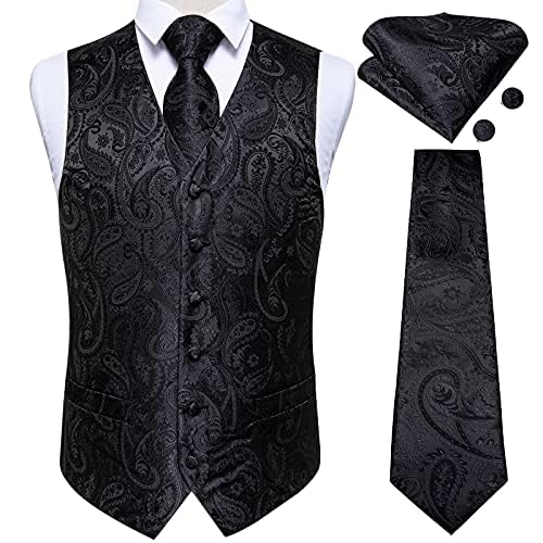 DiBanGu Mens Vest and Tie Set Formal Paisley Waistcoat and Necktie Pocket Square Cufflinks Silk Suit Vest for Tuxedo Wedding, Black, Large - Image 3