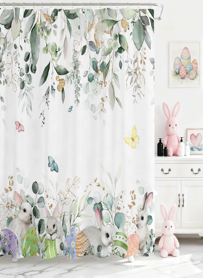 Mocsicka Spring Easter Shower Curtain for Bathroom Happy Easter Bunny Green Eucalyptus Shower Curtains Colorful Eggs Rabbits Decor Waterproof Fabric Bath Curtain Accessories with 12 Hooks - Image 1