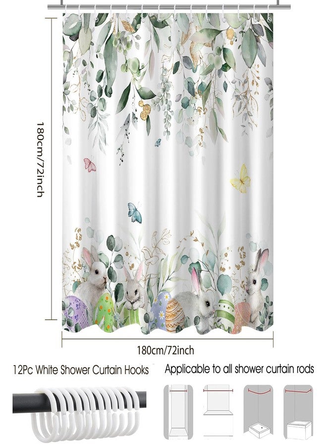 Mocsicka Spring Easter Shower Curtain for Bathroom Happy Easter Bunny Green Eucalyptus Shower Curtains Colorful Eggs Rabbits Decor Waterproof Fabric Bath Curtain Accessories with 12 Hooks - Image 2