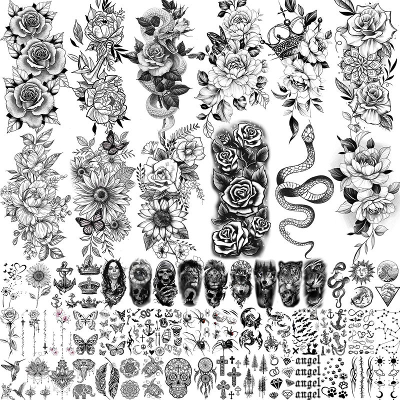 COKTAK 59 Sheets Sexy 3D Rose Flower Temporary Tattoos For Women Girls Arm Neck Snake Floral Sunflower Leaf Peony Fake Tattoo Sticker Adult Black Realistic Temp Tatoos Moon Dandelion Butterfly Thigh