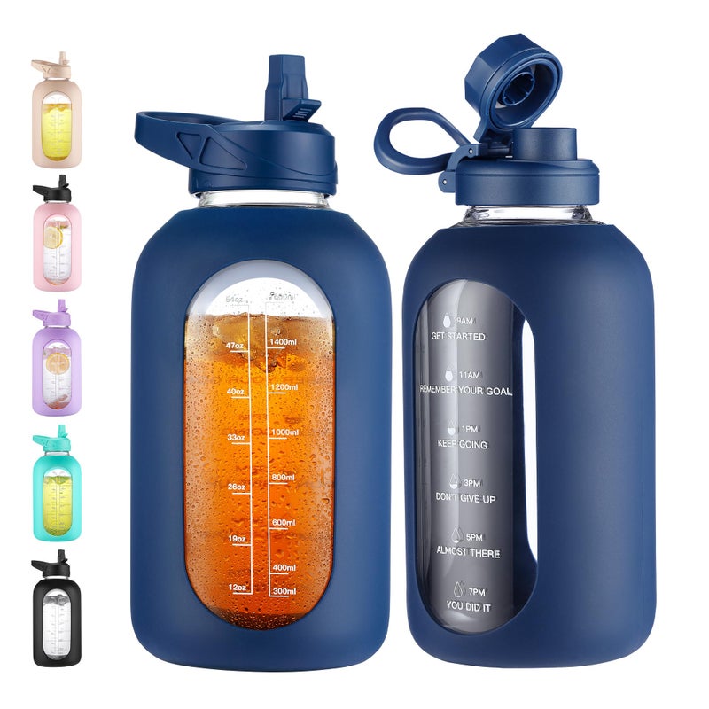 CIVAGO 64 oz Glass Water Bottle Jug with Straw and Handle Half Gallon Sports Motivational Bottle with Time Marker and 2 Lids Large Flask Canteen with Silicone Sleeve for Gym Navy