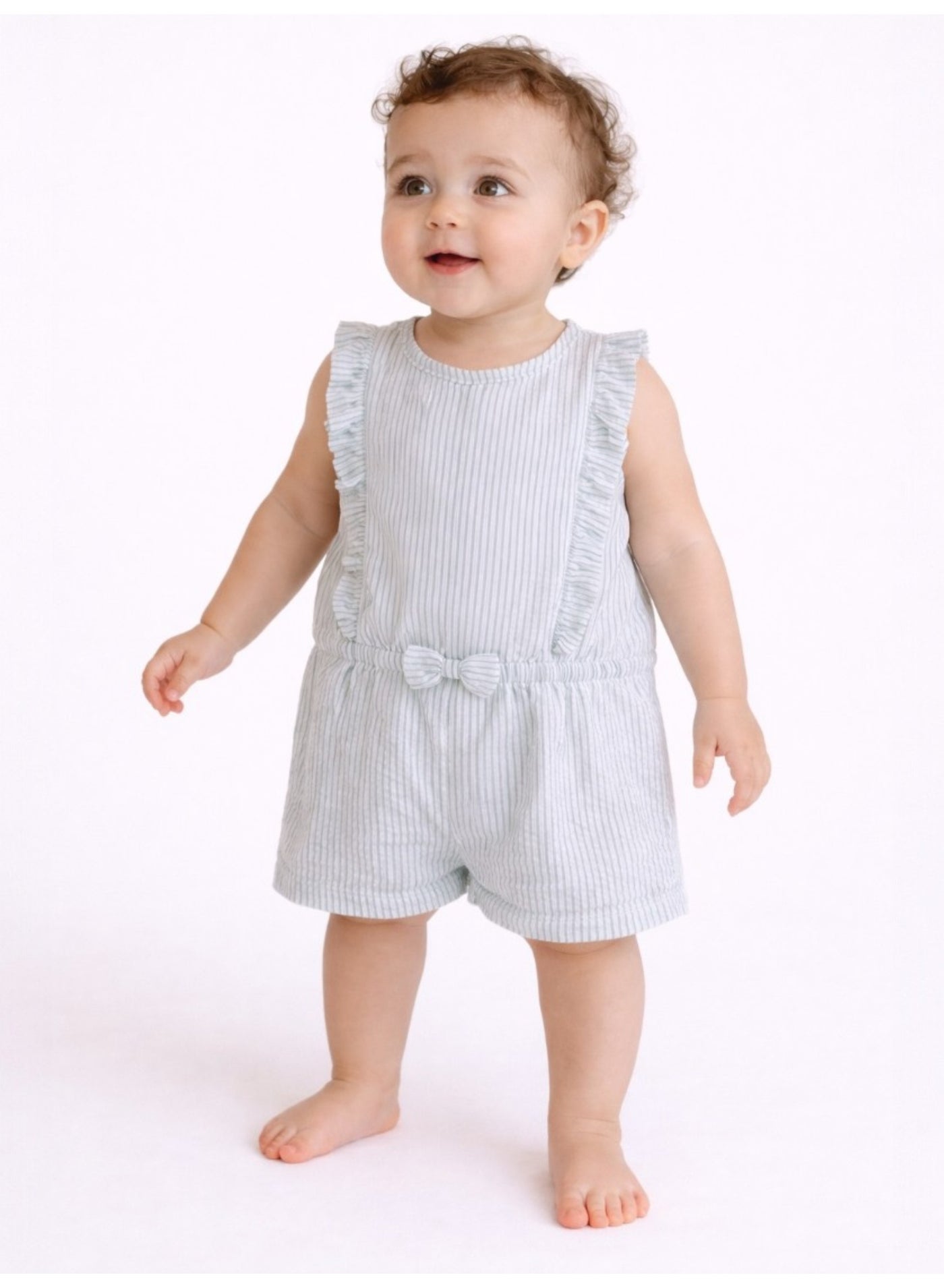 victor and jane Infant Girls Mint Stripe Ruffle Sleeve Playsuit with Bow