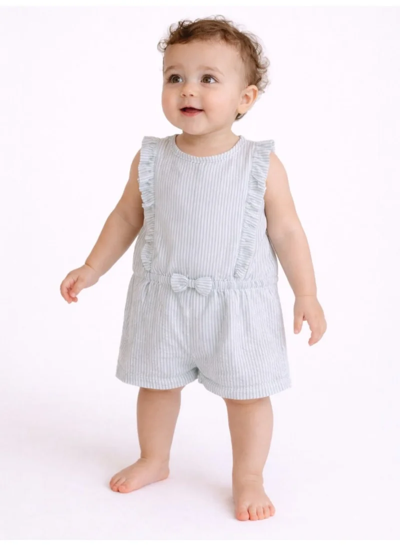 فكتور اند جين Infant Girls Mint Stripe Ruffle Sleeve Playsuit with Bow