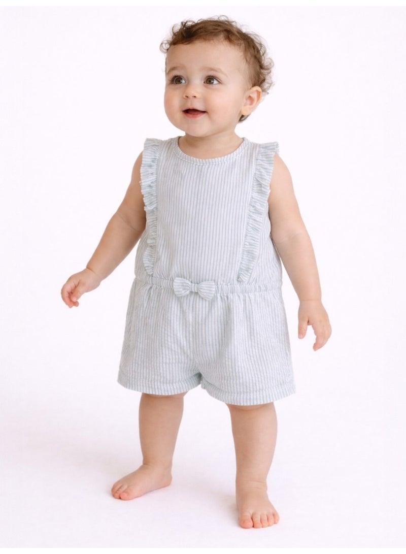 victor and jane Infant Girls Mint Stripe Ruffle Sleeve Playsuit with Bow - Image 1