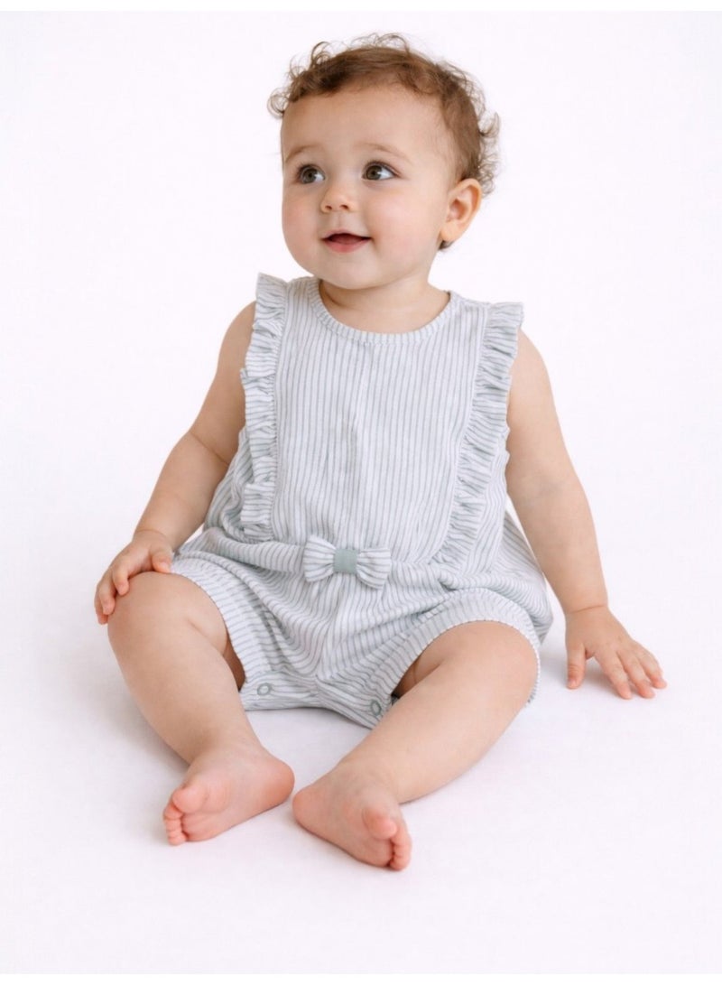 victor and jane Infant Girls Mint Stripe Ruffle Sleeve Playsuit with Bow - Image 2