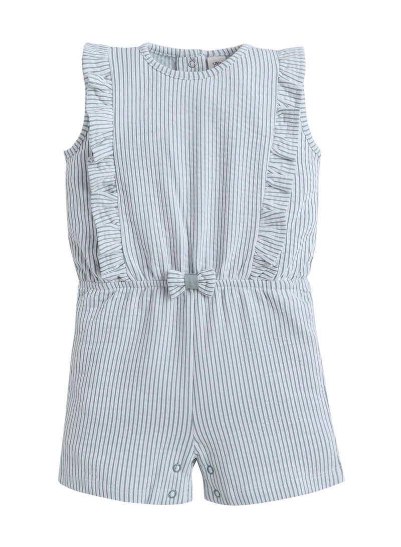 victor and jane Infant Girls Mint Stripe Ruffle Sleeve Playsuit with Bow - Image 3