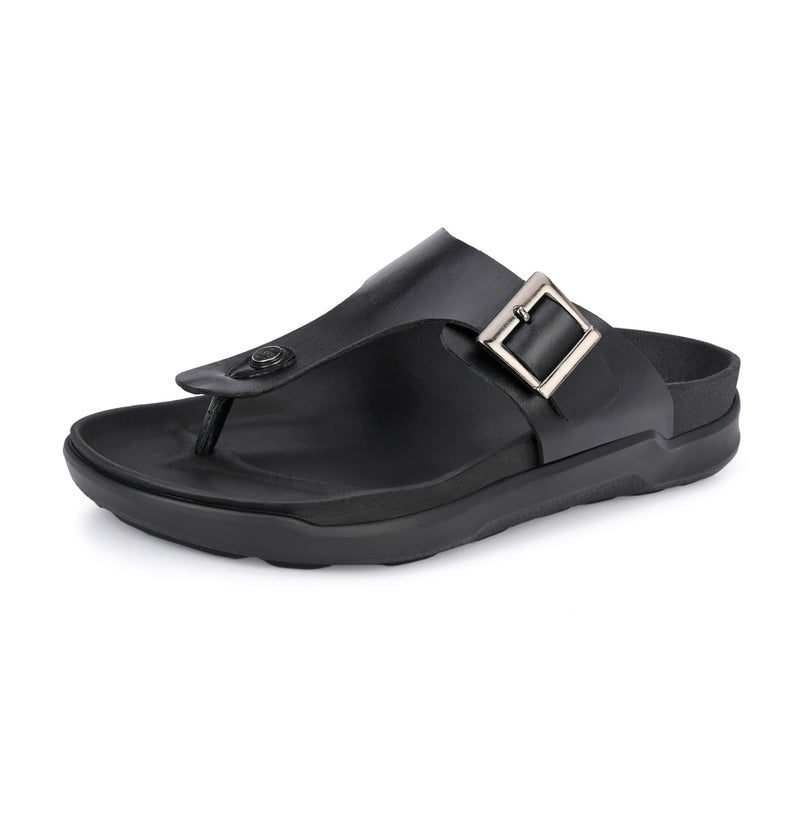HITZ Men's Black Leather Casual Open Toe Slippers - UK 8 - Image 1